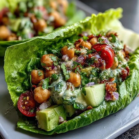 Fresh and colorful Spring Clean Avocado Chickpea Salad Wraps served in crunchy lettuce shells for a light, healthy meal.  