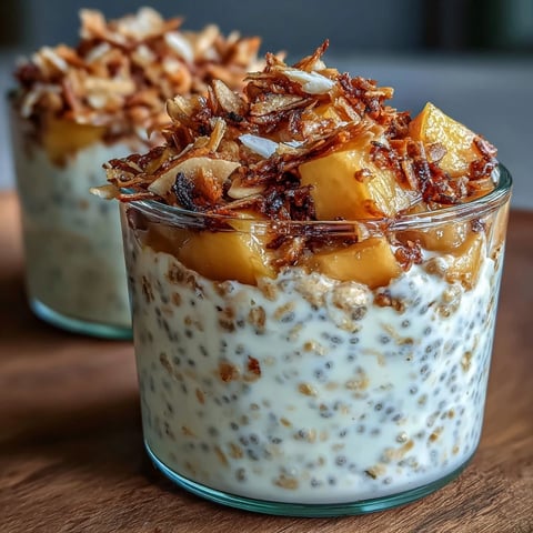 Vibrant mango chia overnight oats with creamy coconut milk and toasted coconut crunch in a glass jar.  