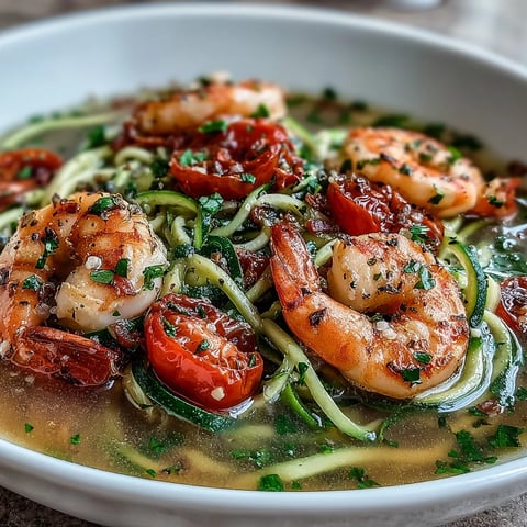 A colorful bowl of zucchini noodles topped with tender shrimp in a bright lemon-garlic broth, garnished with fresh parsley.