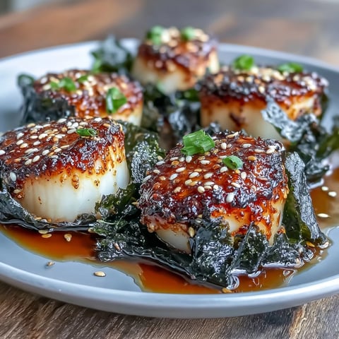 Seaweed-wrapped scallops with ponzu sauce, seared to golden perfection and garnished with sesame seeds and green onions.  