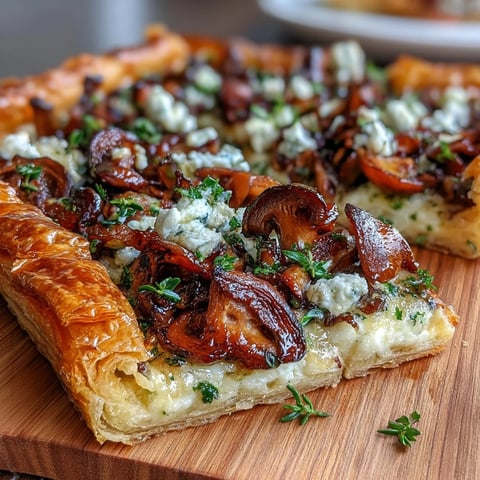 Wild mushroom tart with golden puff pastry, sautéed wild mushrooms, and creamy goat cheese, perfect for a savory appetizer.  