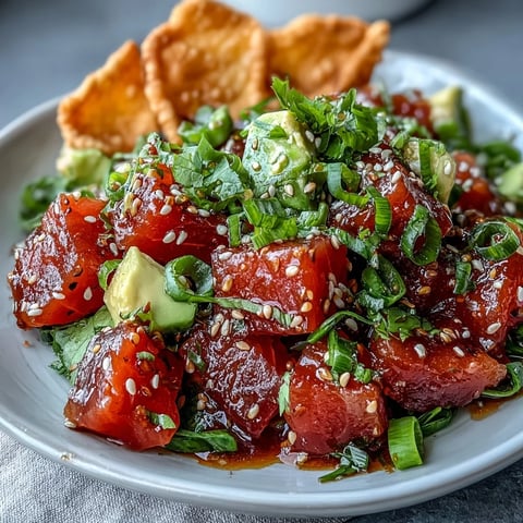 Vibrant spicy tuna tartare with creamy avocado, drizzled in sriracha-soy dressing, served with crispy golden wonton chips.
