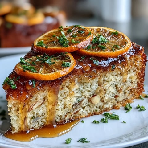 A moist gluten-free cake topped with vibrant candied orange slices and sliced almonds.  