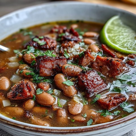 A steaming bowl of ham and pinto bean soup with diced ham, vegetables, and fresh cilantro garnish.  
