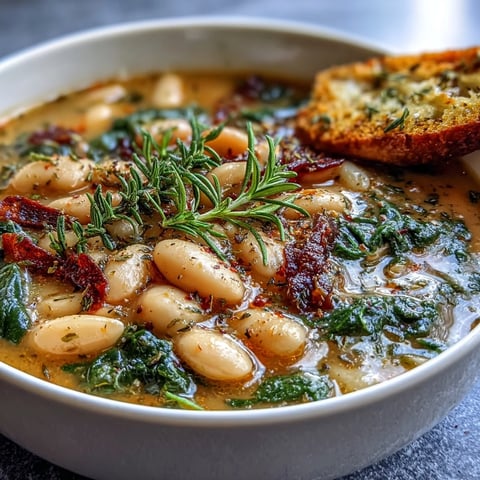 Warm bowl of Tuscan white bean soup with garlic bread, featuring creamy beans and fresh vegetables in a rustic Italian setting.  