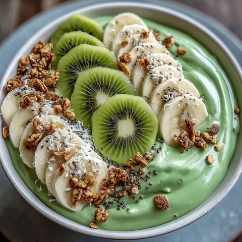 Shamrock Green Smoothie Bowl with Kiwi and Spinach topped with fresh kiwi slices, banana, and crunchy granola for a vibrant, healthy breakfast.