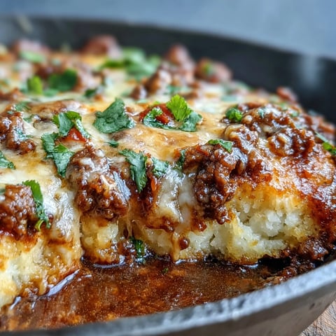 Cheesy cauliflower crust taco skillet with seasoned ground beef and melted cheddar.