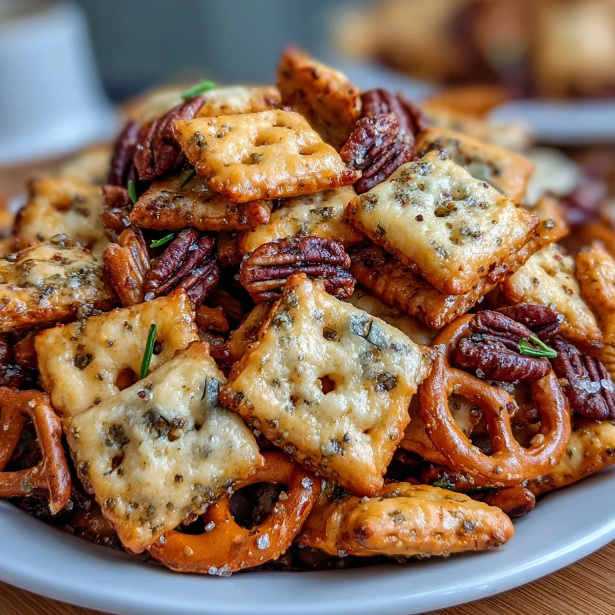 Crispy sourdough Cheez-Its blend with roasted nuts and pretzels in a savory party snack mix.  