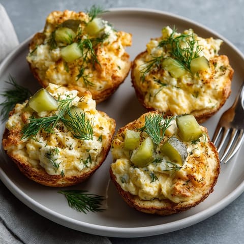 A close-up of golden Pickle-Fix Dill Egg Biscuit Nests, perfect for a vegetarian brunch or easy eats.