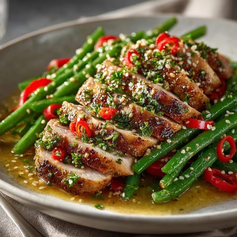 This delectable Quick Garlic-Butter Turkey & Green Bean Stir-Fry features tender turkey, vibrant green beans, and a flavorful sauce.