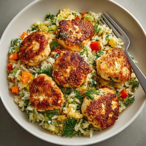 This aromatic image shows the delicious Skillet Dill Pickle Chicken & Rice Pilaf, fluffy and vibrant.