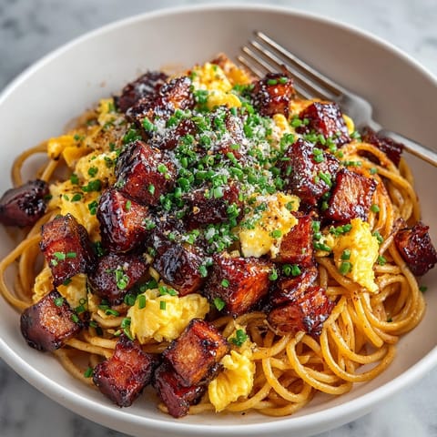 Indulgent Cherry Glazed Ham Breakfast Pasta: Creamy scrambled eggs nestled with pasta, ham, and a vibrant cherry glaze.