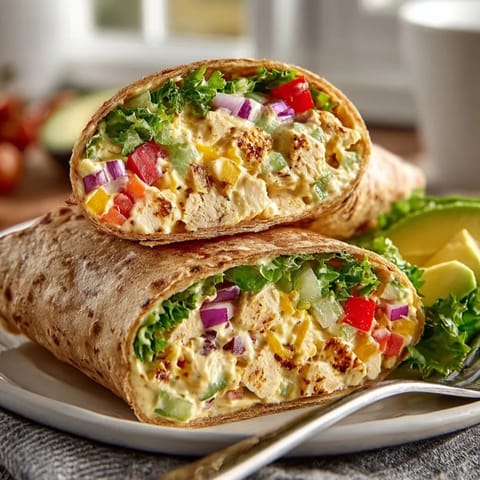 Close-up of a colorful Maple Mustard Chicken Salad Wrap, filled with fresh, chopped vegetables.