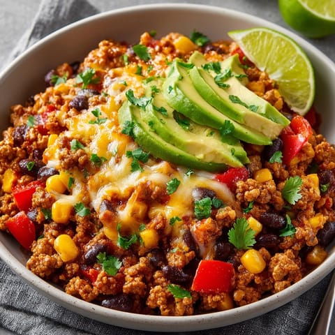 A steaming skillet showcases the ready-to-eat Ground Turkey Taco Skillet, perfect for a quick dinner.