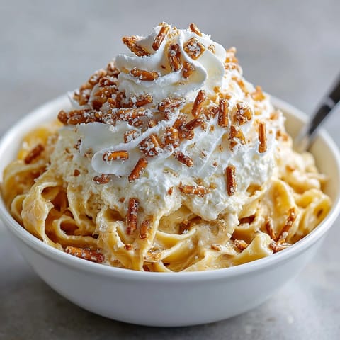 Close-up view of decadent salted caramel pasta, showcasing the crispy pretzel topping's texture.