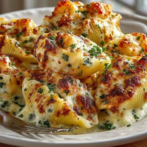 Plump jumbo pasta shells packed with shrimp Alfredo filling, served hot for an inviting Italian-American dinner.