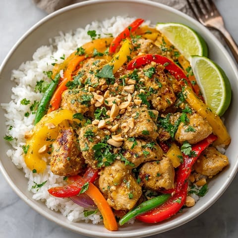 Creamy Thai Peanut Chicken Curry with colorful peppers and snap peas in rich coconut sauce.