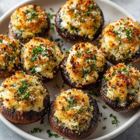 Creamy, herby air fryer stuffed mushrooms arranged on a plate, perfect for easy entertaining.
