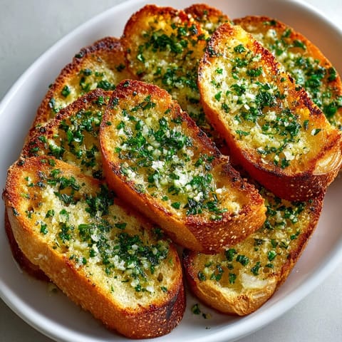 Freshly made air fryer garlic bread served hot on a platter, perfect with pasta or soup.