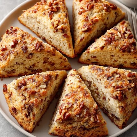 Close-up of warm protein banana nut scones with crunchy nuts and ripe banana pieces.
