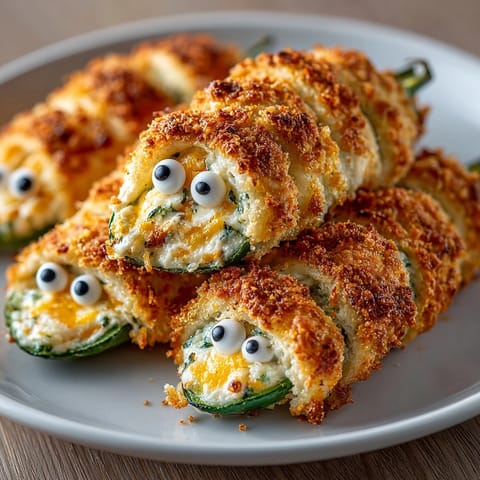 Creamy, cheesy Mummy Jalape&amp;ntilde;o Poppers baking; warm heat, spiced fragrance, a snack ready for parties.