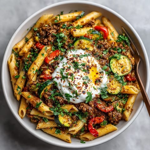 Vibrant Quick Turkish Pasta Bowl: A hearty meal with spiced ground beef and vegetables.