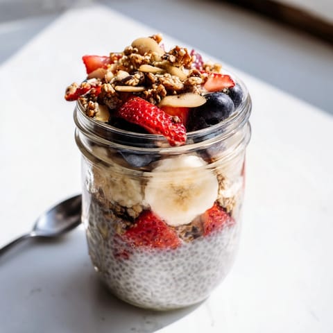 Close-up of a vibrant Chia Pudding Parfait, showing chia seeds suspended in almond milk.