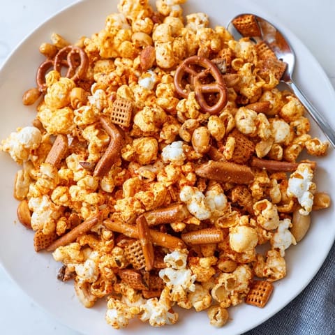 Vibrant Sriracha popcorn mix with pretzels and nuts for a savory holiday treat.  