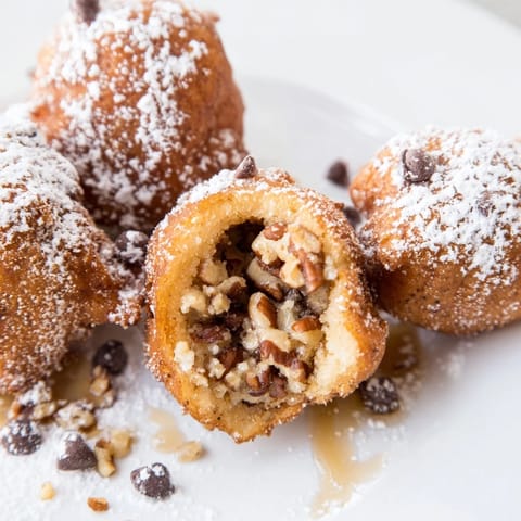 Golden brown fritters filled with gooey cookie dough and crunchy pecans.  