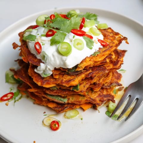 Vibrant stacks of sweet potato pancakes infused with chili, perfect for brunch gatherings.  