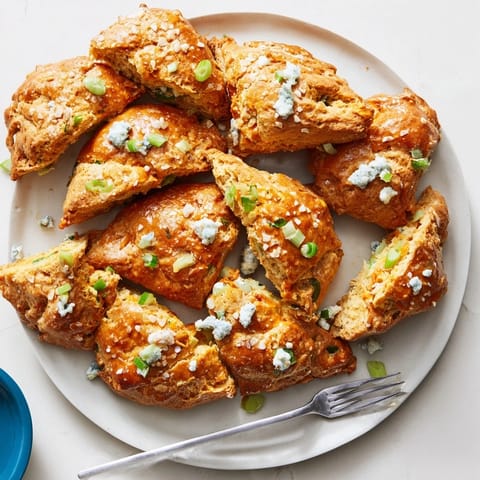 Golden brown Spicy Buffalo Biscuit Pretzel Scones seasoned with sea salt for flavor.  