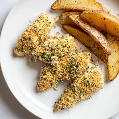 Close-up of succulent herbed chicken tenders, alongside rustic, seasoned potato wedges, ready to enjoy.