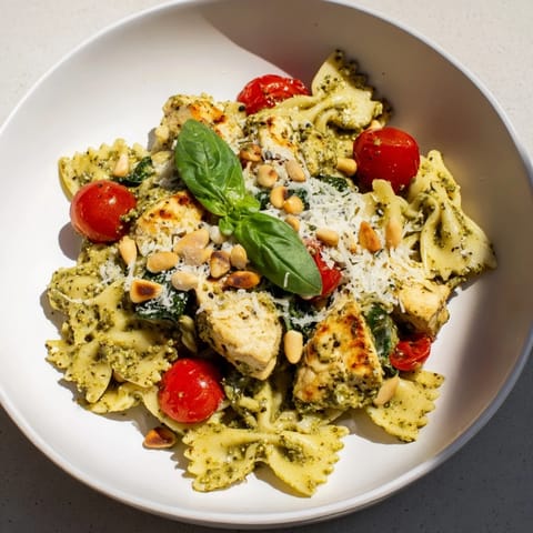 A close-up of vibrant Pesto Chicken Bowtie Pasta, showing chicken, pasta, and pesto sauce.