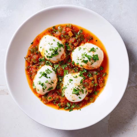 Vibrant Shakshuka: a skillet of rich tomato sauce bubbling with flawlessly cooked eggs, ready to eat.