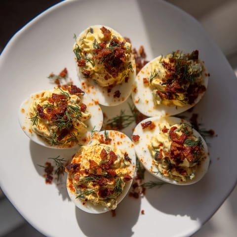 Freshly made Loaded Deviled Eggs, creamy filling topped with crispy bacon and vibrant green dill.