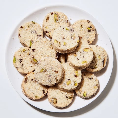 Close-up of baked Salted Pistachio Chocolate Chunk Shortbread, showcasing the texture and flaked sea salt topping.