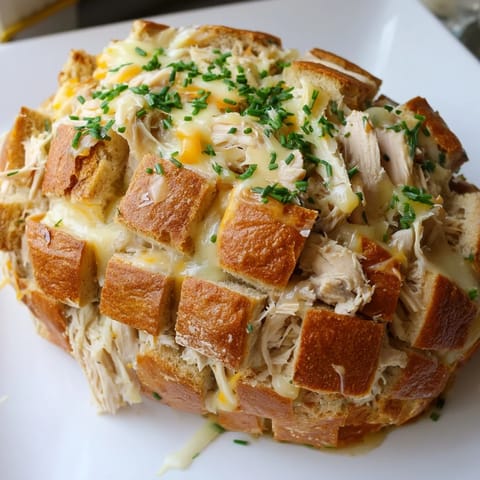 Savory, pull-apart pieces of Cheesy Leftover Chicken Bake, generously stuffed with cheese and chicken.