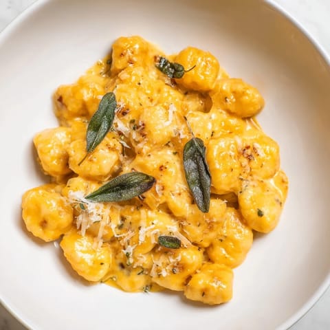 A close-up of the delicious One-Pot Creamy Pumpkin Sage Gnocchi, showcasing the creamy sauce and gnocchi.