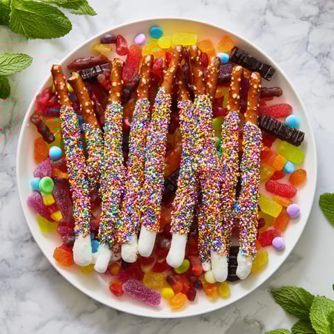 Magical Wand Candy Board: a close-up image of dazzling, colorful magic wands made with chocolate and sprinkles.