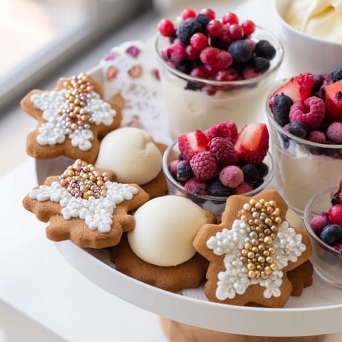A visually stunning Princess Crown dessert tray with sugar cookie crowns and berry garnishes ready to serve.