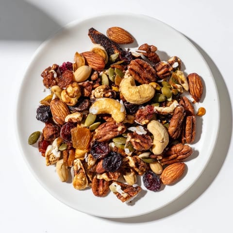 Aromatic, oven-baked Nutty Nosh Squirrel Snack Mix in a bowl, with cranberries and raisins.