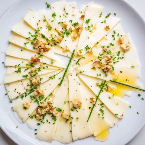 Artfully fanned Swiss cheese slices, sprinkled with chives, a quick and elegant appetizer.