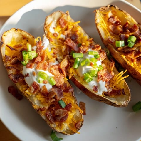 Hot and cheesy loaded baked potato skins, a classic American appetizer perfect for game day.