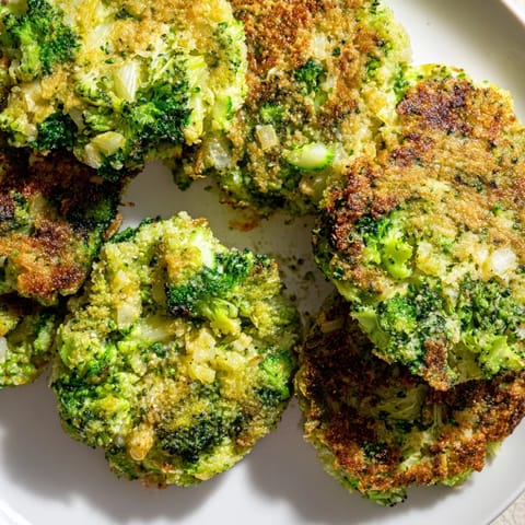 A close-up of delicious, browned Cheesy Broccoli Patties, ready to eat for a satisfying meal.