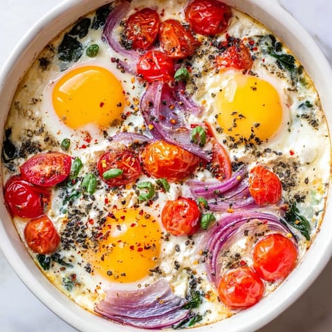 Warm, bubbling baked feta eggs with vibrant tomatoes and fresh herbs, perfect for a Mediterranean breakfast.