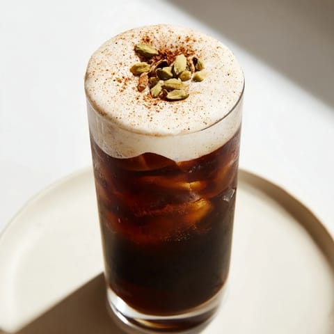 A close-up of a glass of homemade iced chai topped with sweet, fluffy cold foam.