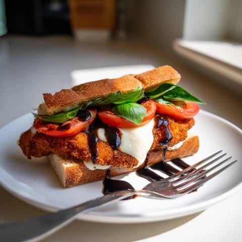 A close-up view of a Crispy Chicken Caprese Sandwich, showcasing crunchy panko breading and vibrant red tomato slices on a rustic ciabatta roll.  
