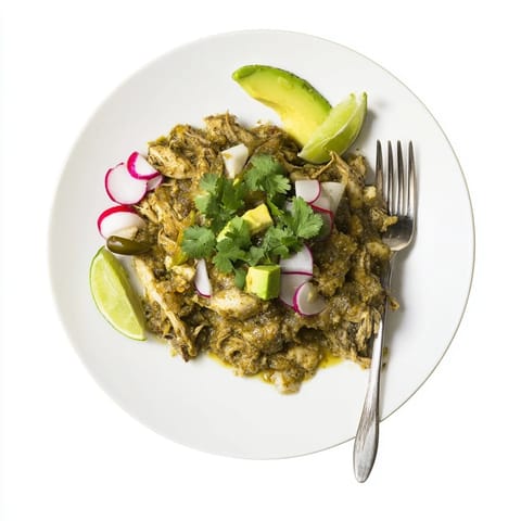 A close-up of Chicken Chili Verde with shredded chicken in a vibrant green tomatillo sauce, garnished with fresh cilantro and diced avocado.