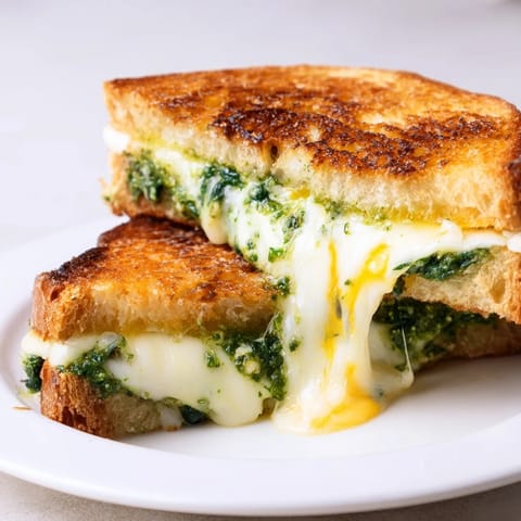 A close-up of Spinach Pesto Grilled Cheese on a plate, served with a fresh tomato salad.