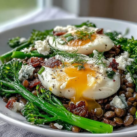 Beautiful French Lentil Salad with perfectly jammy eggs as a vibrant main.